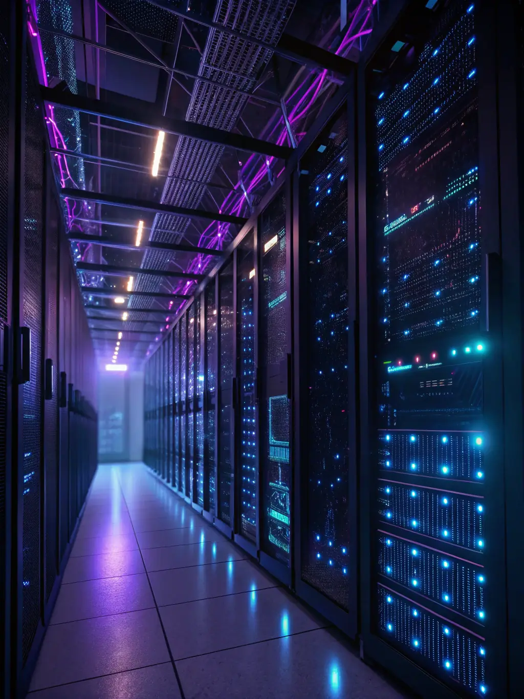 A digital illustration of a server rack with glowing lights and network cables, representing the technology sector and Bluesky Recruiters' focus on IT recruitment.